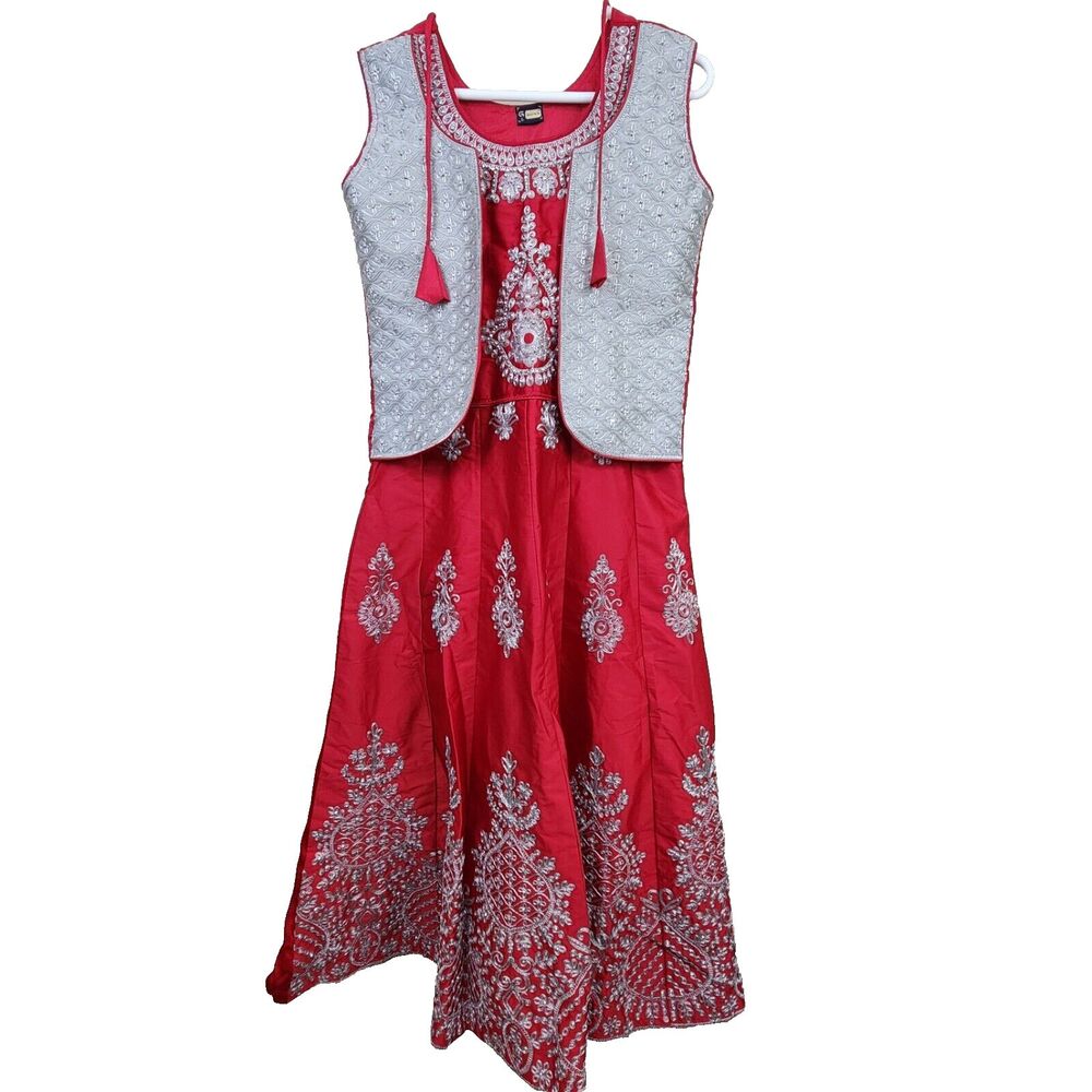 ZOYA Red Silver Indian Dress Costume Sleeveless Large Embroidered Gown Halloween